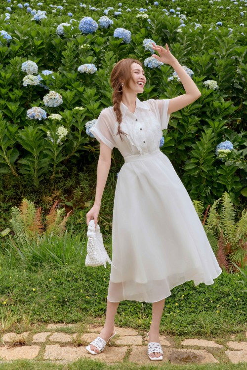 Sixdo White Organza Flared Dress